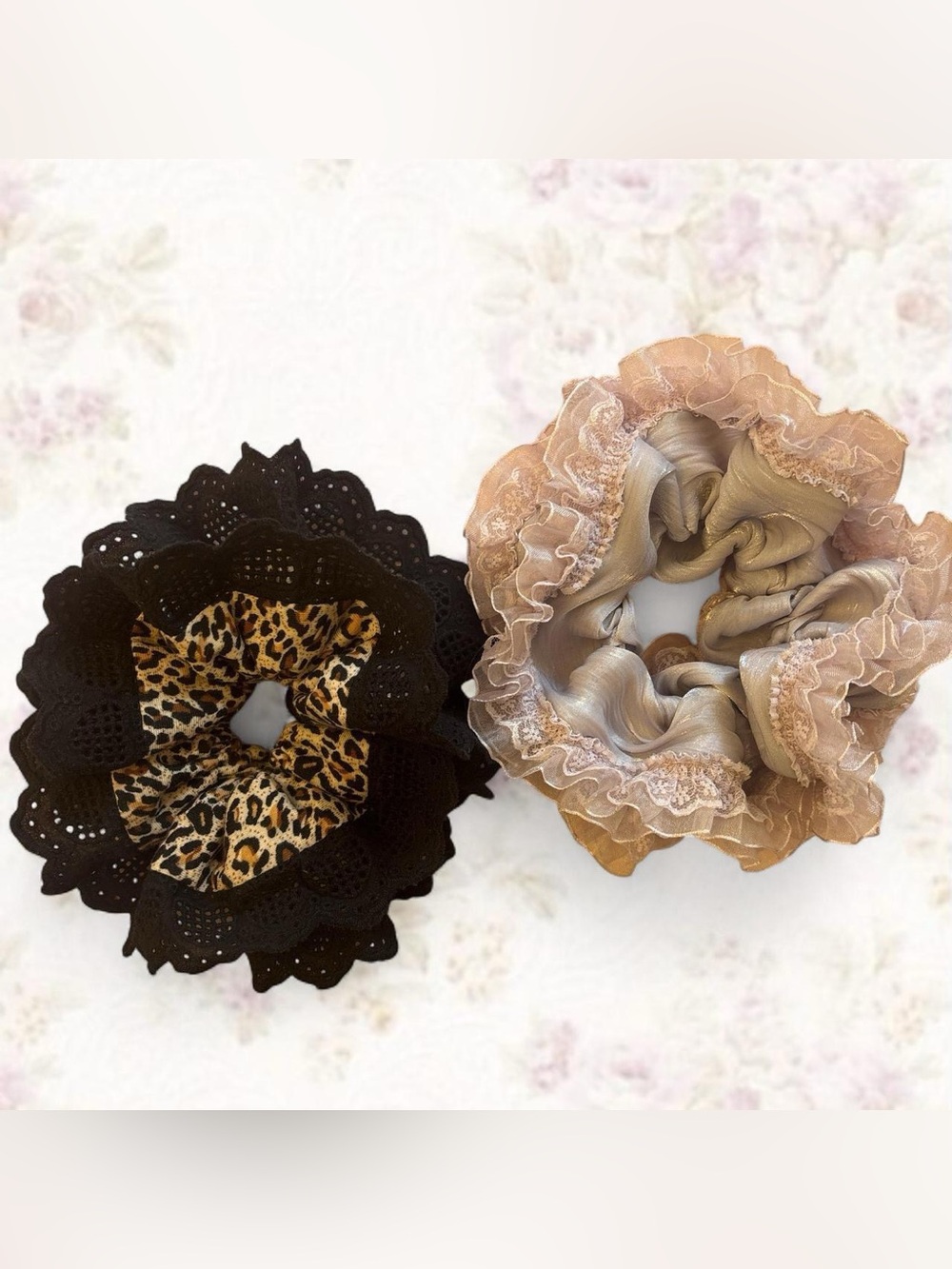 Leopard Eyelet Scrunchie and Glitter Lace Lavender Scrunchie Set
